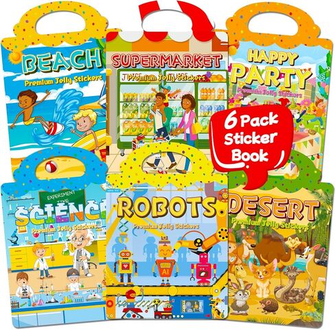 6 Set Reusable Sticker Book for Toddler 3-6 - Perfect Jelly Sticker Book for Kids, Airplane and Car Travel Activity Toys, Educational Gifts for Boys & Girls in Saudi Arabia