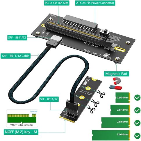 Mustpoint M.2 M-Key 2242/2260/2280 إلى PCI-e 4.0 X16 مع كابل تمديد Oculink SFF-8612/8611 كبطاقة رسومات خارجية، PWR من ATX 24PIN in Kuwait