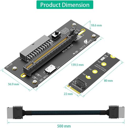 Mustpoint M.2 M-Key 2242/2260/2280 إلى PCI-e 4.0 X16 مع كابل تمديد Oculink SFF-8612/8611 كبطاقة رسومات خارجية، PWR من ATX 24PIN in Kuwait
