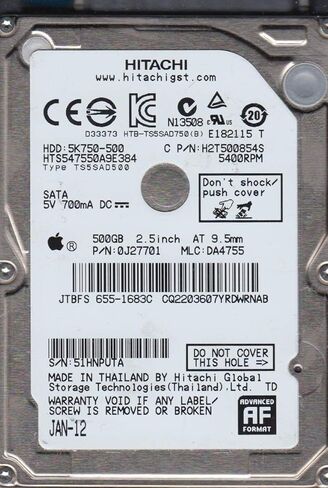 HTS547550A9E384، PN 0J27701، MLC DA4755، محرك الأقراص الصلبة Hitachi 500GB SATA 2.5 (متجدد) in Kuwait