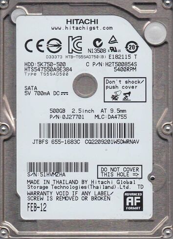 HTS547550A9E384، PN 0J27701، MLC DA4755، محرك الأقراص الصلبة Hitachi 500GB SATA 2.5 (متجدد) in Kuwait