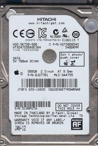 HTS547550A9E384، PN 0J27701، MLC DA4755، محرك الأقراص الصلبة Hitachi 500GB SATA 2.5 (متجدد) in Kuwait