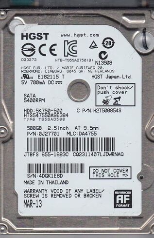 HTS547550A9E384، PN 0J27701، MLC DA4755، محرك الأقراص الصلبة Hitachi 500GB SATA 2.5 (متجدد) in Kuwait
