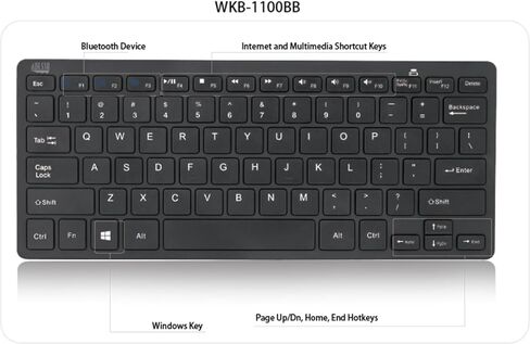 لوحة مفاتيح Adesso SlimTouch WKB-1100BB بلوتوث 3.0 صغيرة مع مفتاح مقص، ومفاتيح تشغيل الوسائط المتعددة والإنترنت، وتصميم أمريكي 78 مفتاحًا، ونطاق عمل يصل إلى 30 قدمًا in Saudi Arabia