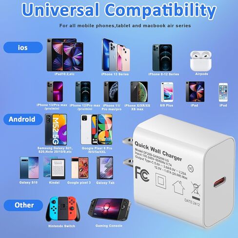 كتلة شاحن حائط USB C لجهاز iPhone 17,20W محول قابس الطاقة لجهاز iPhone 17/17 Air/17 Pro/17 Pro Max، 16 15 14 13 12 11، iPad، Google، Samsung Fast Charging، Type C Charger Bolck in Kuwait