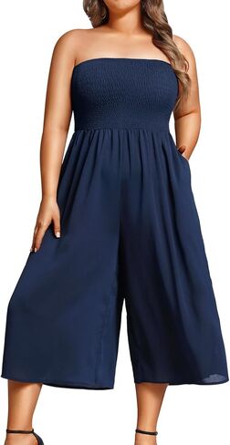 Pinup Fashion حجم كبير حللا النساء التستر عادية قبالة الكتف حمالة بنطال ذو قصة أرجل واسعة رومبير مع جيوب in Kuwait