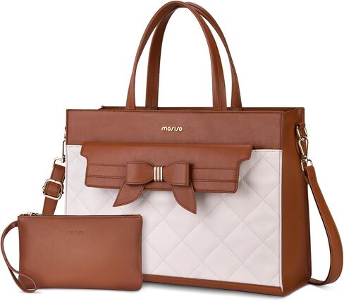 MOSISO Laptop Tote Bag, 15.6 inch PU Leather Flapover Pocket Tote Bag & Clutch Purse, Work Bag with Bowknot for Women, Waterproof Computer Briefcase for Business Office, Brown in Saudi Arabia
