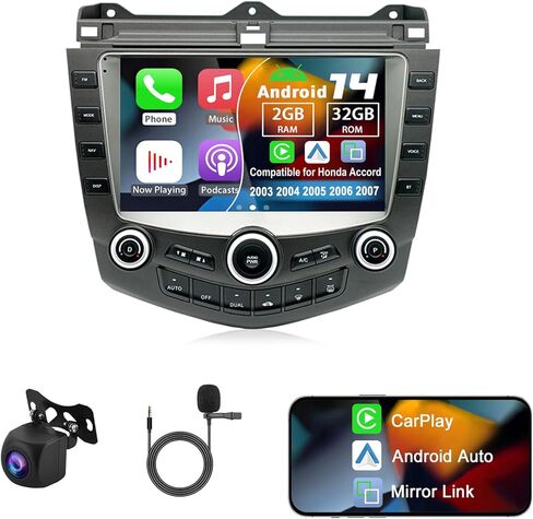 راديو سيارة Android 14 مزدوج Din متوافق مع Honda Accord 2003 2004 2005 2006 2007، 2G+32G 9 بوصة شاشة تعمل باللمس ستيريو سيارة مع Carplay لاسلكي Android Auto GPS WiFi Mic كاميرا احتياطية in Saudi Arabia