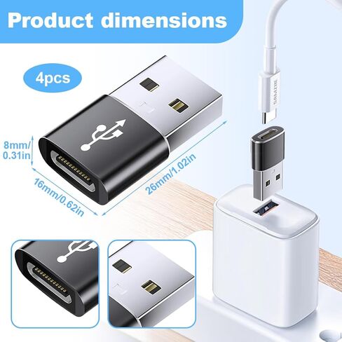4-Pack USB to USB-C Adapter - Type-C Female to A Male Converter for Phone, Watch, Tablet, Car, Console in Saudi Arabia