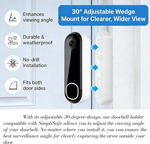 دعامة تثبيت على شكل جرس باب فيديو متوافقة مع SimpliSafe، زاوية قابلة للتعديل 18&30 درجة، أبيض، 4.13x1.18x0.78 بوصة، تتضمن براغي تثبيت (30 درجة) in Kuwait