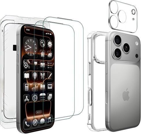 حافظة لهاتف آيفون 17 برو شفافة مع واقي الشاشة وواقي عدسة الكاميرا تغطية كاملة طبقة من الزجاج المقوى صلابة 9H مع صندوق خالٍ من الغبار (عبوة من قطعتين + قطعة واحدة) شفاف in Kuwait