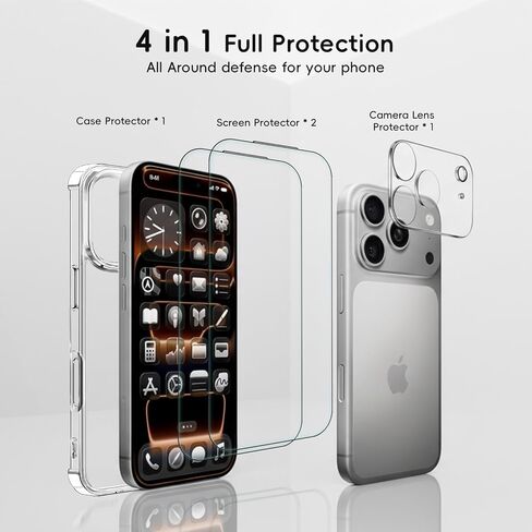 حافظة لهاتف آيفون 17 برو شفافة مع واقي الشاشة وواقي عدسة الكاميرا تغطية كاملة طبقة من الزجاج المقوى صلابة 9H مع صندوق خالٍ من الغبار (عبوة من قطعتين + قطعة واحدة) شفاف in Kuwait