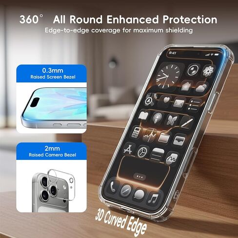 حافظة لهاتف آيفون 17 برو شفافة مع واقي الشاشة وواقي عدسة الكاميرا تغطية كاملة طبقة من الزجاج المقوى صلابة 9H مع صندوق خالٍ من الغبار (عبوة من قطعتين + قطعة واحدة) شفاف in Kuwait