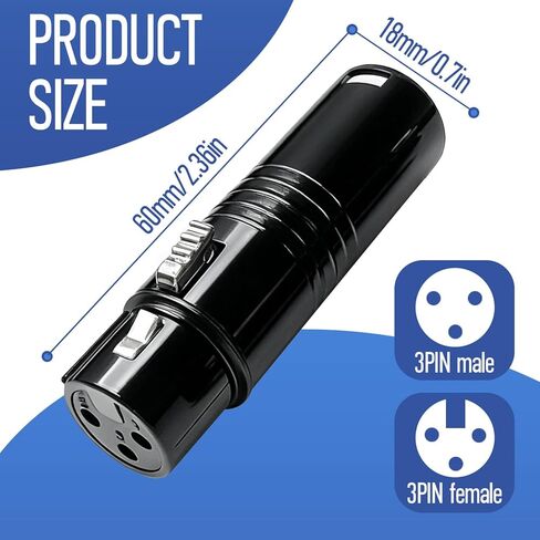محول صوت XLR ذكر إلى أنثى ذو 3 دبابيس، موصل DMX512 من سبائك الزنك، قابس متوازن مدمج مقاس 2.36 بوصة للخلاط والميكروفون ومضخم الصوت (ذكر إلى أنثى) in Kuwait
