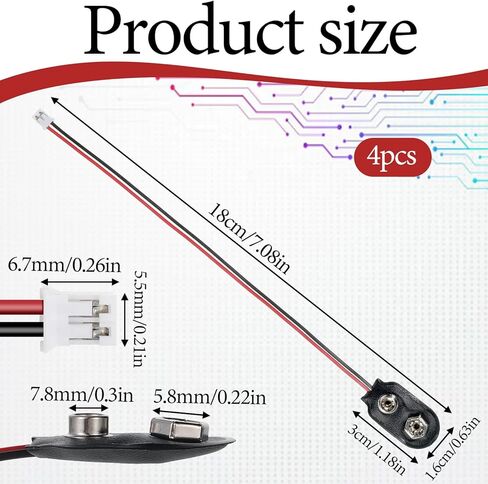 4 Pcs 9V Battery Clip Connector Battery Snap to PH 2.0 Connector Cable I-Type 9 Volt Clip Wire Flexible Buckle Plastic Housing (15cm) in Saudi Arabia