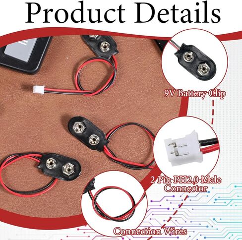 4 Pcs 9V Battery Clip Connector Battery Snap to PH 2.0 Connector Cable I-Type 9 Volt Clip Wire Flexible Buckle Plastic Housing (15cm) in Saudi Arabia