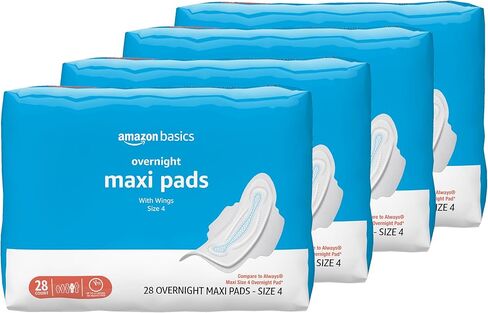 Amazon Basics Thick Maxi Pads with Flexi-Wings for Periods, Overnight Absorbency, Unscented, Size 4, 112 Count (4 Packs of 28) (Previously Solimo) in Saudi Arabia