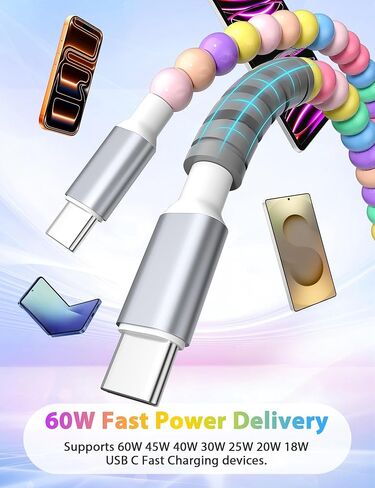 كابل USB C مطرز بطول 6.6 أقدام، كابل شحن سريع لهاتف iPhone 17 16 15,60 وات 45 وات 30 وات 27 وات 25 وات USB-C إلى النوع C PD شحن لهاتف Samsung S25 S24 A17، سلك شاحن خرز الحلوى لجهاز iPad A16 لمدرسة Kawaii Girl Women in Kuwait