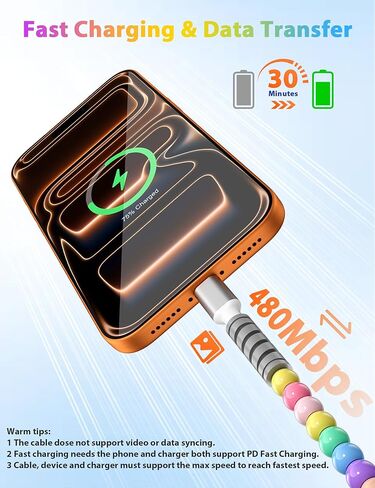 كابل USB C مطرز بطول 6.6 أقدام، كابل شحن سريع لهاتف iPhone 17 16 15,60 وات 45 وات 30 وات 27 وات 25 وات USB-C إلى النوع C PD شحن لهاتف Samsung S25 S24 A17، سلك شاحن خرز الحلوى لجهاز iPad A16 لمدرسة Kawaii Girl Women in Kuwait