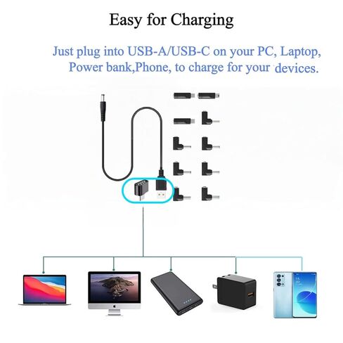 USB to DC 5V Power Cord, 3.3 Feet Universal DC 5.5x2.1mm Plug Jack Charging Cable with 10 Connector Tips and USB C OTG Adapter, USB A and USB C to DC5V Power Cable. in Saudi Arabia