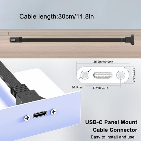 كابل برغي USB 3.1 رفيع للغاية من النوع C إلى C، كابل محول تثبيت اللوحة من النوع C ذكر إلى أنثى بزاوية قائمة، كابل تمديد USB مسطح من النوع C بسرعة 10 جيجابت في الثانية لتركيب لوحة USB 30 سم/11.8 بوصة in Kuwait