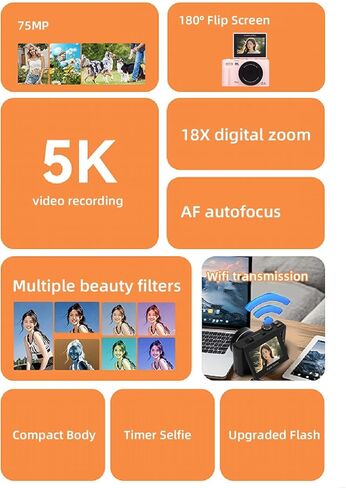 كاميرا Bewinner الرقمية بدقة 5K مع شاشة عرض 180 درجة وإضاءة LED، وكاميرا تسجيل فيديو سيلفي بتكبير 18x بدقة 75 ميجابكسل، وكاميرات السفر الرقمية المدمجة مقاس 3 بوصات لـ Tiktok، in Saudi Arabia