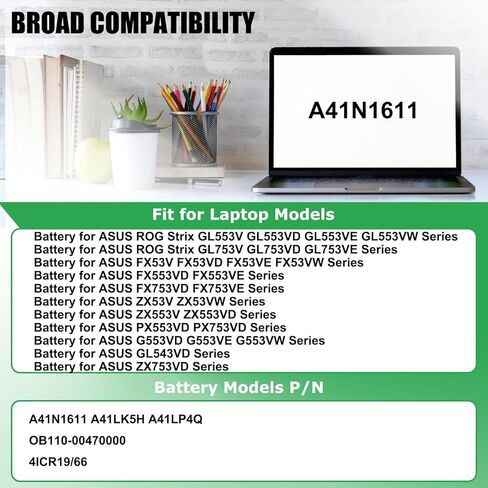 استبدال بطارية الكمبيوتر المحمول A41N1611 لجهاز ROG Strix GL553 GL553VW GL553VD GL553VE FX53VD GL753V GL752VW FX53VD Series Notebook A41LK5H A41LP4Q 14.4V 40Wh in Saudi Arabia