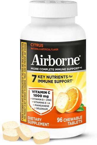 Airborne 1000mg Chewable Tablets with Zinc, Immune Support Supplement with Powerful Antioxidants Vitamins A C & E - 96 Tablets, Citrus Flavor in Kuwait