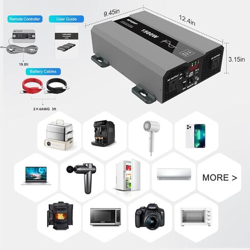 Pure Sine Wave Inverter 1500W Power 12V DC to 110V 120V AC Converter 3000W Peak Power Inverter with Dual AC Outlets USB Port Type-C Remote Control LCD Display for Truck RV Vehicles Solar in Saudi Arabia