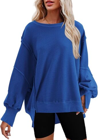 Nirovien Womens Oversized Crewneck Sweatshirt Side Slit Long Sleeve Pullover Slouchy Fit Tops in Kuwait
