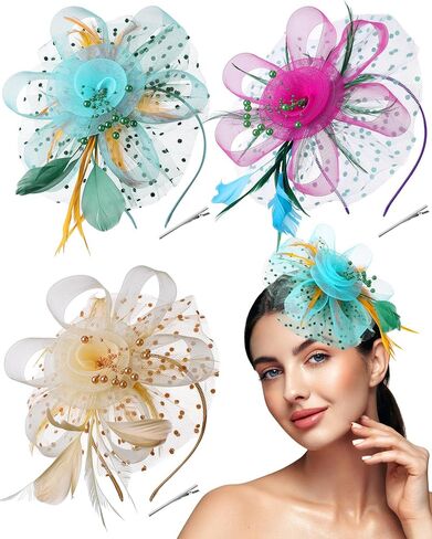 Yunsailing 3 Pack Fascinators Hats for Women, Tea Party Hats for Girls Flower Cocktail Mesh Feathers Hair Clip for Party (Fresh Color) in Saudi Arabia