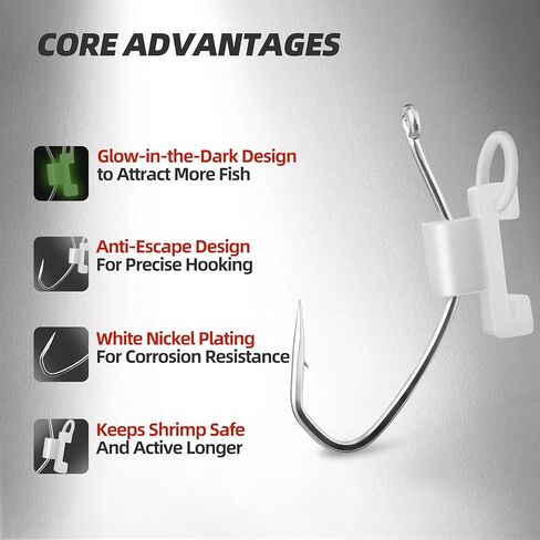 Luminous Live Shrimp Hooks – Glow-in-The-Dark Offset Barbed Hooks with Silicone Bands, High-Carbon Steel Saltwater Shrimp Fishing Hooks, for Inshore & Night Fishing in Saudi Arabia