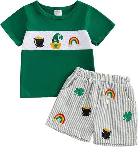 Baby Boy St Patricks Day Outfit Shamrock Rainbow Embroidery Short Sleeve Tops Stripe Shorts Set Toddler Summer Clothes in Saudi Arabia