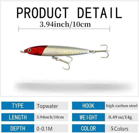 0.49oz/0.35oz Topwater Fishing Lures, 5 Pcs Fishing Lure Saltwater with Storage Box Jerkbait Crankbait Lures for Halibut & Striper Fishing Swimbait for Freshwater and Saltwater Bass Fishing in Saudi Arabia