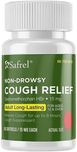 Safrel Adult Cough Relief for Adults Dextromethorphan HBr 15mg (60 Softgels) 8-Hour, Non-Drowsy, Long-Lasting Bronchial Suppressant (60 Count (Pack of 1)) in Saudi Arabia