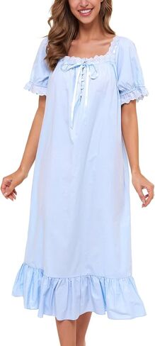 Lu's Chic Women's Victorian Nightgown Cotton Sleepwear Long Loungewear Short Sleeve Vintage in Kuwait