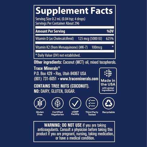Trace Minerals | Liquid Ionic Vitamin D3 + K2 | 125 mcg (5,000 IU) D3, 100 mcg K2 | Concentrated Dietary Supplement | Supports Bones, Teeth and Immune System | 2 fl oz. 296 Servings in Saudi Arabia