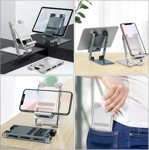 Aluminum Foldable Desktop Phone Stand and Tablet Holder for Office Use, Portable Mobile Phone Bracket with Adjustable Angle, Silver Household Smartphone Rack Compatible in Saudi Arabia