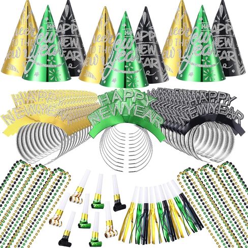 120 Pcs New Year Eve Party Supplies 2026 Happy New Year Cone Hats Headband Tiara Necklace Squawker(Red, Green, Gold, Blue, Purple, Silver) in Saudi Arabia