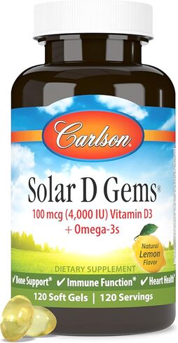 Carlson - Solar D Gems, Vitamin D3 and Omega-3 Supplement, 4000 IU (100 mcg) D3, 115 mg Omega-3 EPA and DHA, Vitamin D Fish Oil Capsule, Bone & Immune Health, Vitamin D Supplement, Lemon, 120 Softgels in Saudi Arabia