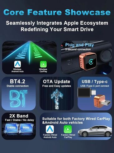 محول CarPlay اللاسلكي 2026 تمت ترقيته لنظام iOS وAndroid Auto، حجم صغير سلكي إلى CarPlay اللاسلكي، التوصيل والتشغيل، محول تشغيل السيارة مدمج مع USB/Type-C in Kuwait
