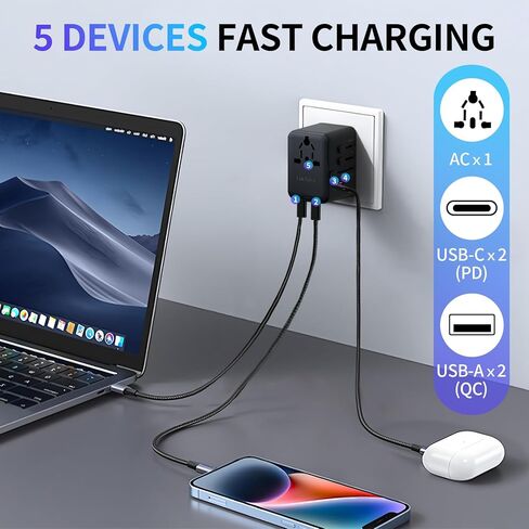 All-in-One 35W Quick Charging Universal Travel Adapter with 4 Ports (2 USB-C + 2 USB-A) - Worldwide Plug Converter for USA, EU, UK, AUS | Compact Power Adapter for International Travel​ in Saudi Arabia