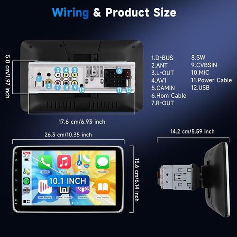 10.1'' Single Din Car Stereo with Wireless Carplay Android Auto, Touchscreen Car Radio with Handsfree Bluetooth 5.2 Mirror Link FM EQ SWC, Type-C, USB, Backup Camera in Kuwait