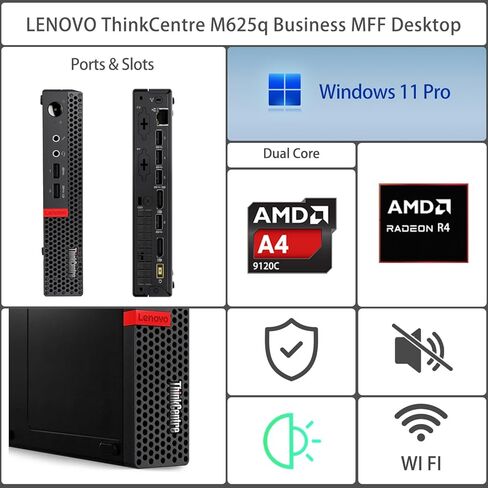 Lenovo ThinkCentre M625q Business MFF Desktop, AMD A4 9120C, 16GB RAM, 1TB SSD, DP, Type-C, Support 2-Monitor 4K, RJ-45, Wi-Fi, Windows 11 Pro, Black, for Home Office & Corporate in Saudi Arabia