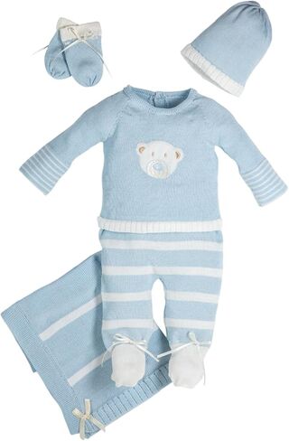 مجموعة Baby Boy Take Me Home - ملابس محبوكة مكونة من 4 قطع مع قفازات وقبعة - 100% قطن - أزرق فاتح مع تفاصيل عاجية، طقم حديثي الولادة مصنوع يدويًا (بدون بطانية) in Kuwait