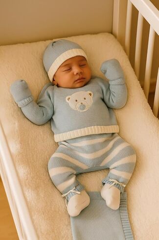 مجموعة Baby Boy Take Me Home - ملابس محبوكة مكونة من 4 قطع مع قفازات وقبعة - 100% قطن - أزرق فاتح مع تفاصيل عاجية، طقم حديثي الولادة مصنوع يدويًا (بدون بطانية) in Kuwait
