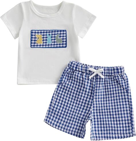 Toddler Baby Boy Easter Outfit Bunny Embroidered Short Sleeve T-Shirt Tops Plaid Shorts 2pcs Set Cute Infant Clothes in Saudi Arabia