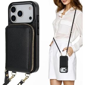 حافظة محفظة KIHUWEY Crossbody لهاتف iPhone 17 Pro، حافظة جيب بسحاب مع حامل بطاقة، حافظة حماية من جلد البولي يوريثان RFID مع مسند حزام معصم قابل للفصل 6.3 بوصة (أسود) in Kuwait