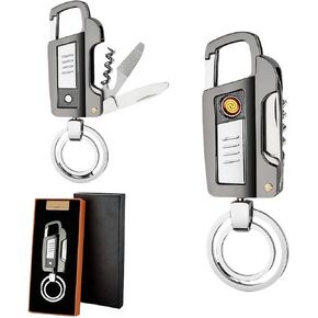 Multi-functional Keychain with Practical Features - Cigarette Lighter, LED Flashlight, Nail File, Knife, Wine Bottle Opener & Flathead Screwdriver。Suitable for cars, offices, and can be gifts (Black) in Saudi Arabia