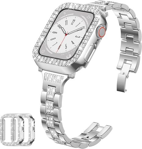 Thin Metal Band Compatible with Apple Watch Bands for Women 40mm 44mm 38mm 41mm 42mm 45mm, Jewelry Metal Strap with 2 Bling PC Protective Case for iWatch Series 11 10 9 8 7 6 5 4 SE Ultra3 2 1 in Saudi Arabia